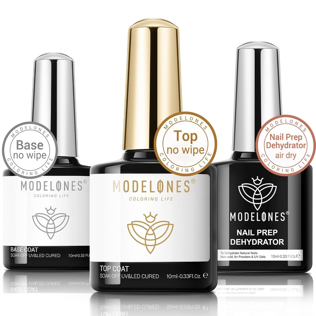 modelones Gel Base and Top Coat with Nail Dehydrator Set No Wipe Diamond Super Shiny Top Coat Nail