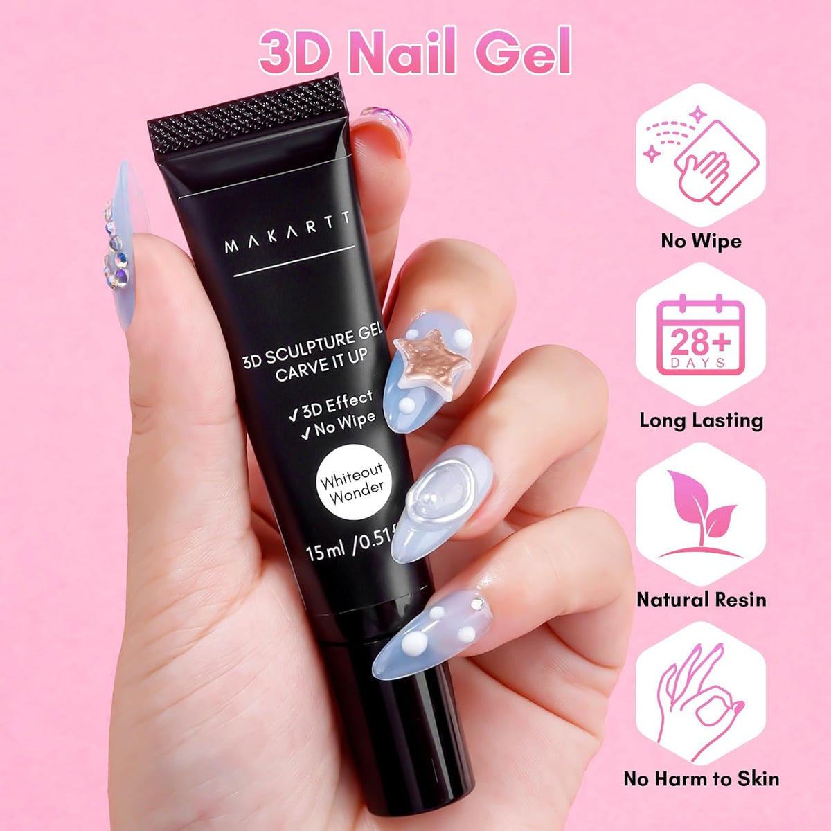 Makartt 3D Nail Gel for Nail Art: No Wipe 15g White Sculpting Molding Candy Craving Gel Polish