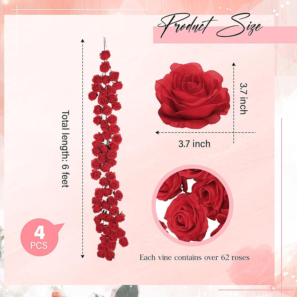 4 Pcs Red Artificial Rose Vine Hanging Faux Flowers Garland for Wedding Anniversary Birthday Party