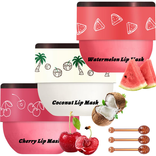 3 PCS Bee Lip Balm Lip Mask Honey Pot, Watermelon & Cherry & Coconut Lip Mask Propolis Moisturizing
