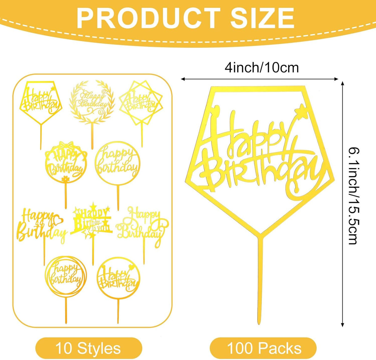 100 Pcs Gold Happy Birthday Cake Toppers Gold Acrylic Cake Topper Glitter Birthday Cake Decorations