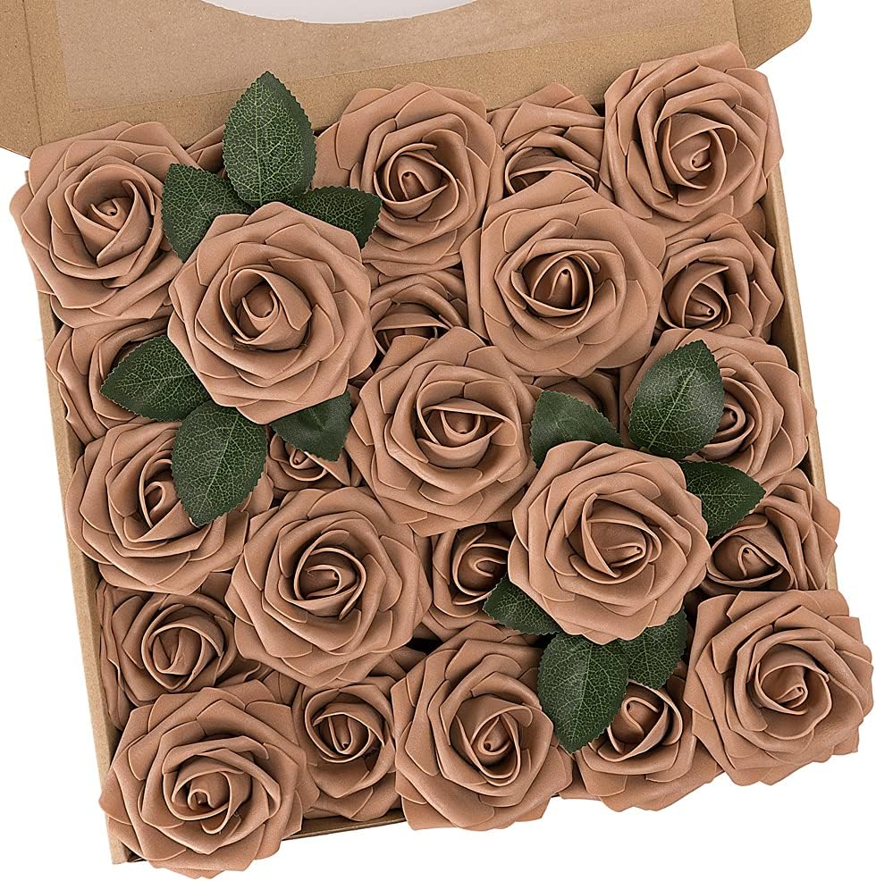 N&T NIETING Brown Roses Artificial Flowers, 25pcs Fake Flowers Bulk Perfect for DIY Fall Wedding