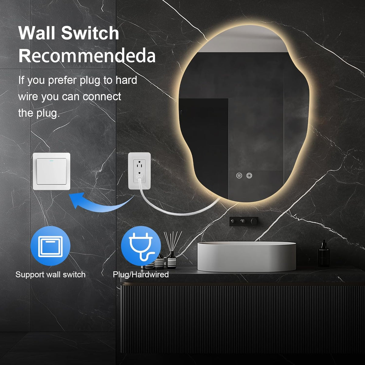 Irregular LED Bathroom Mirror with Lights,Asymmetrical Led Bathroom Vanity Mirror for Wall with