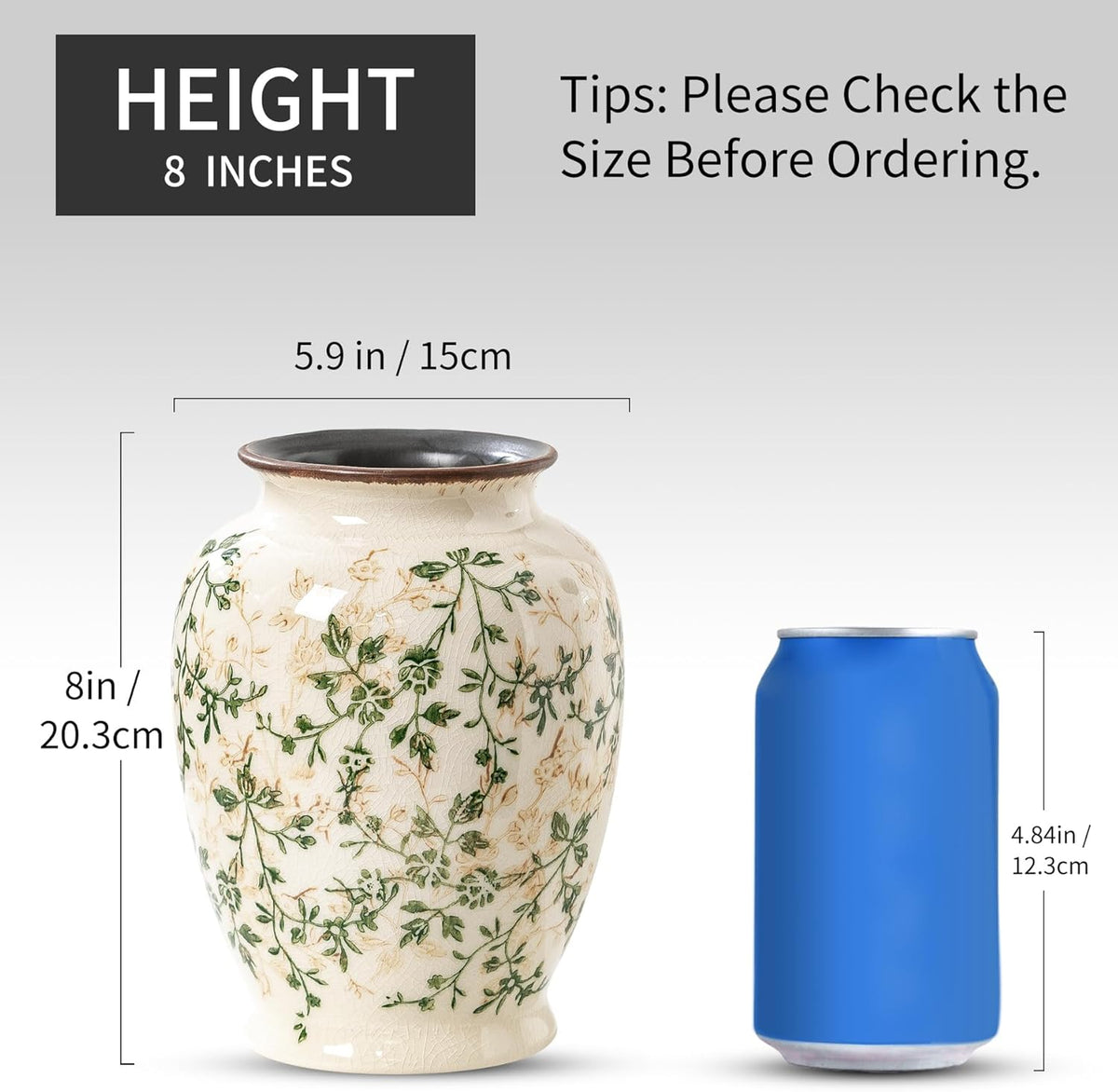 Vintage Green and Beige Vase, Round Ceramic Floral Vases, Retro Ice Cracked Chinoiserie Vase for