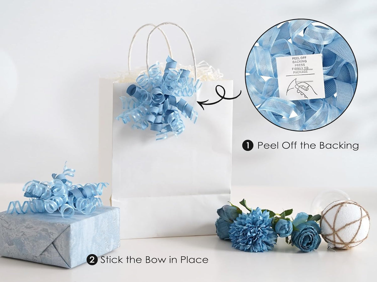 HUIHUANG Blue Gift Bows 5 inch x 8 Counts Dusty Blue Self-Adhesive Curly Ribbon Bows for Gift