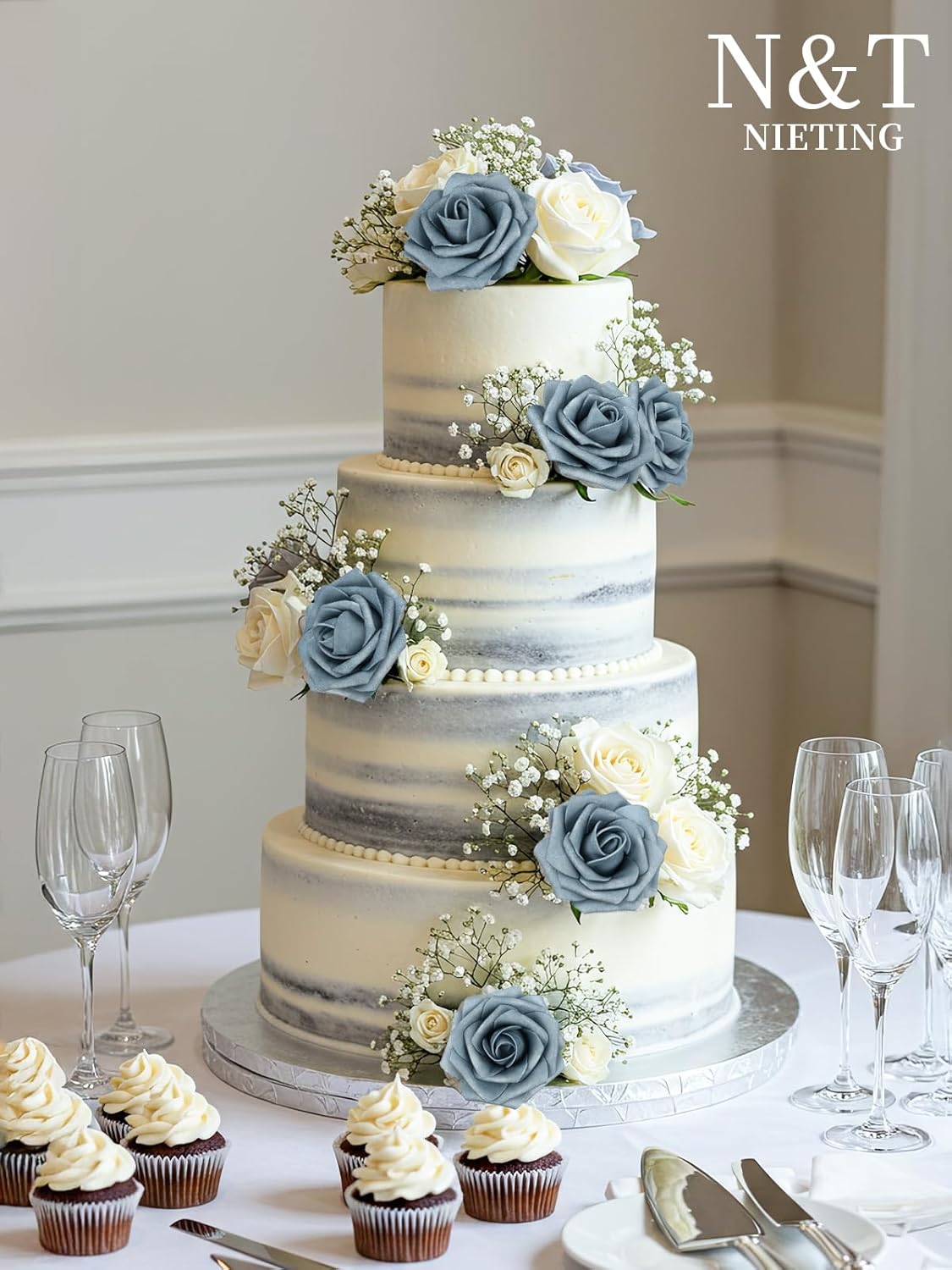 N&T NIETING Artificial Flowers, 25pcs Foam Roses Fake Flowers DIY Wedding Party Cake Decoration