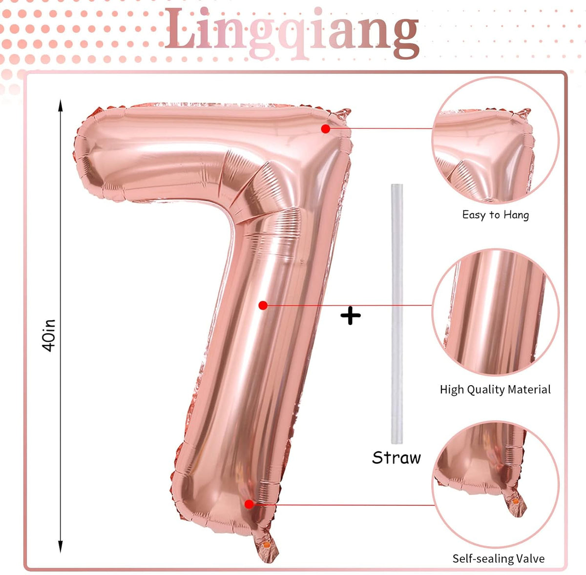 Rose Gold Number Balloons, 40inch Large Number 7 Foil Mylar Helium Balloons, Self Inflating Number