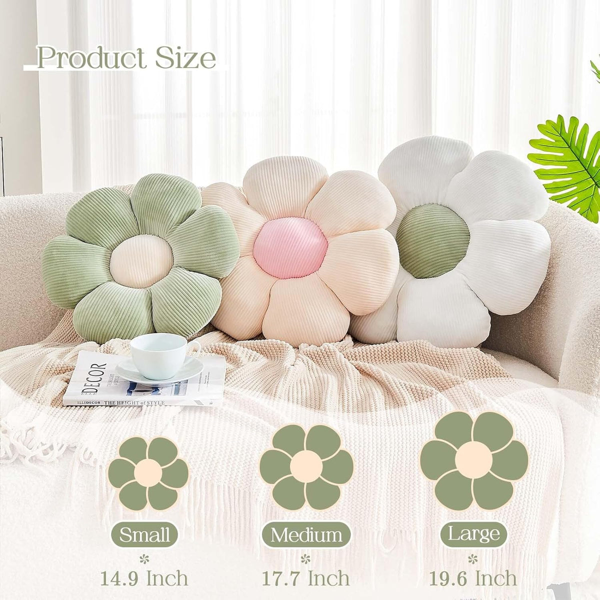 Beige Flower Pillow, 19.6" Cute Flower Shaped Floor Pillow, Aesthetic Floral Plush Daisy Decorative