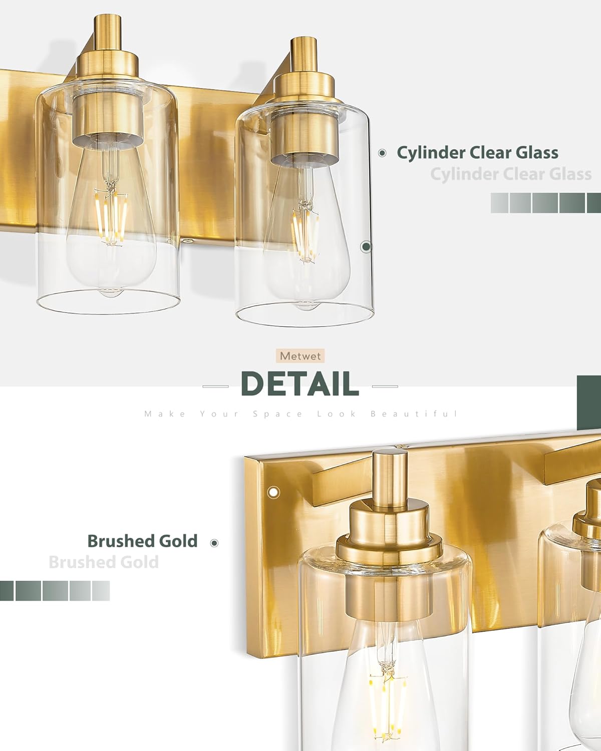 4-Light Bathroom Light Fixtures, Brushed Gold Vanity Light with Cylinder Clear Glass Shade, Modern