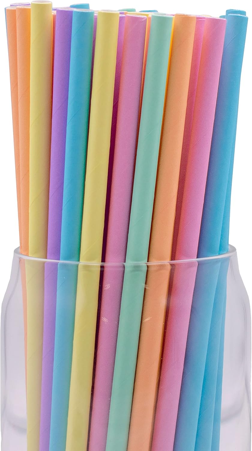 Pack of 300 Assorted Pastel Biodegradable 4-Ply Paper Drinking Straws (Compostable, Non-toxic