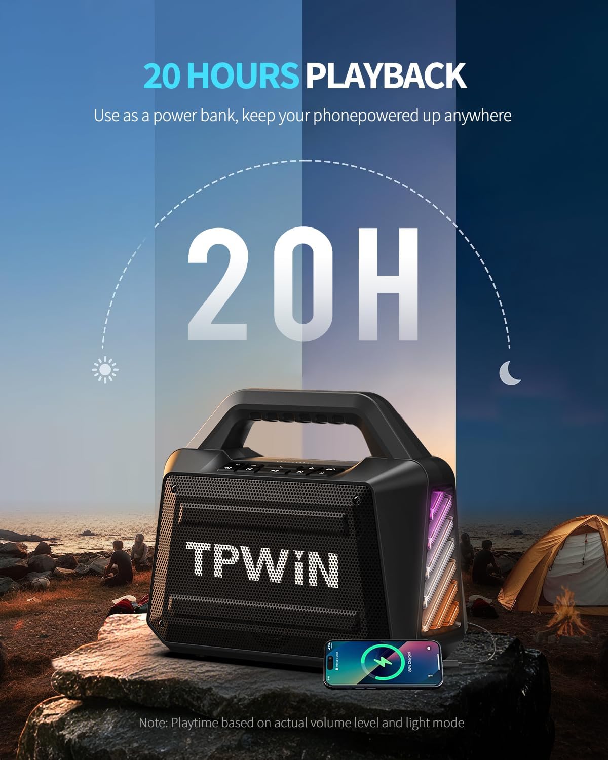 Bluetooth Speaker - 80W Loud Rugged Outdoor Speakers, IPX6 Waterproof, 20H Playtime, Deep Bass