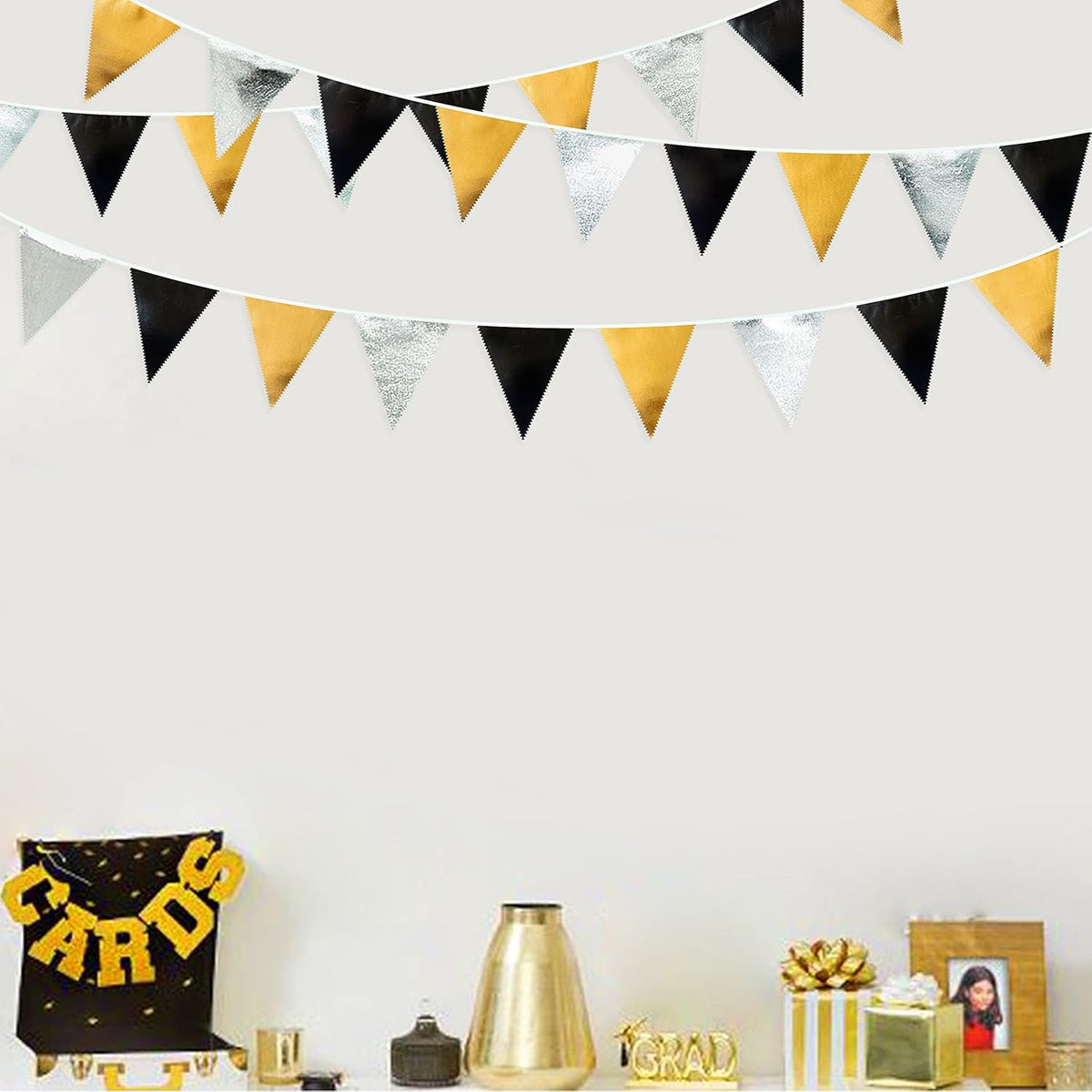 Black Gold Silver Party Decoration Triangle Pennant Banner Flag Metallic Fabric Bunting Garland for