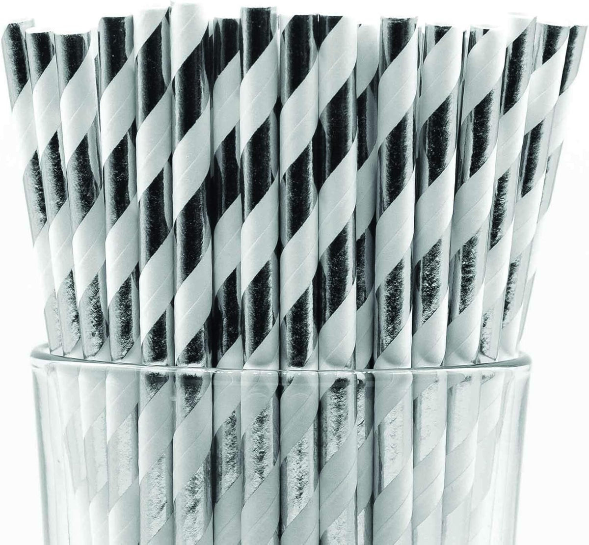 Pack of 150 Silver Foil Swirls Biodegradable 4-Ply Paper Drinking Straws (Compostable, Non-toxic