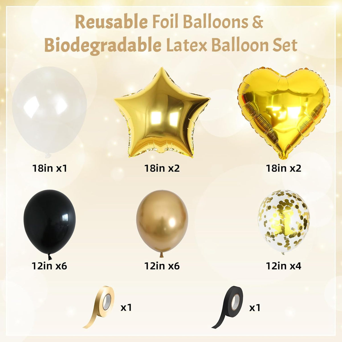 Black and Gold Balloons Heart Star Shape Foil Balloons for Birthday Party, Metallic Gold and Black