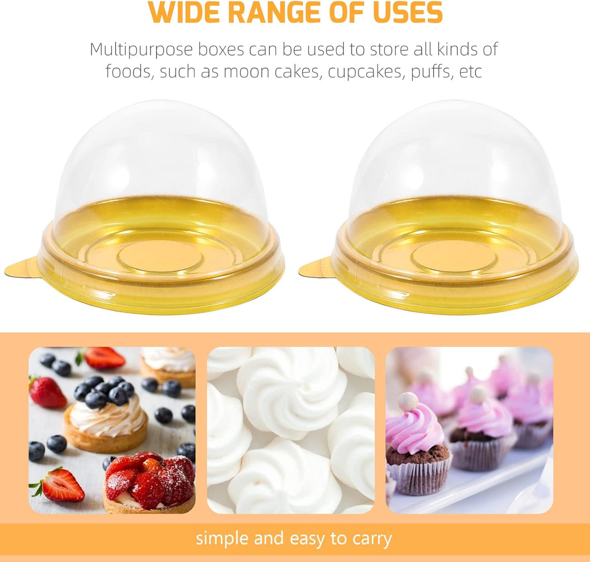NUOBESTY Individual Cupcake Boxes, 100pcs Golden Tray Round Plastic Transparent Dome Cupcake Boxes