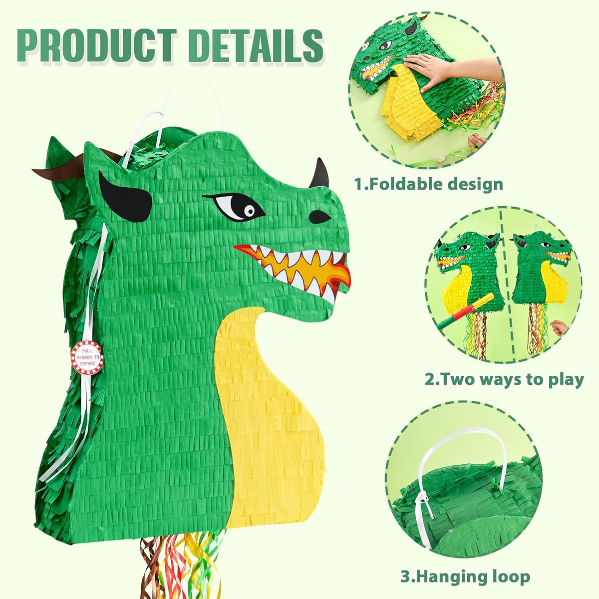WERNNSAI Foldable Dragon Piñata - Dinosaur Birthday Party Supplies Dino Extendable Piñata Bundle