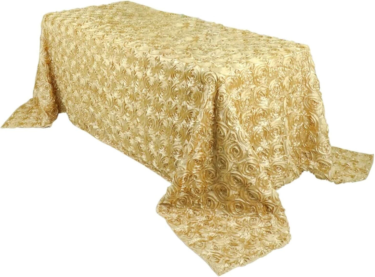 Efavormart 90"x132" Wholesale Rectangle Table Cover Champagne Grandiose Rosette 3D Satin Tablecloth