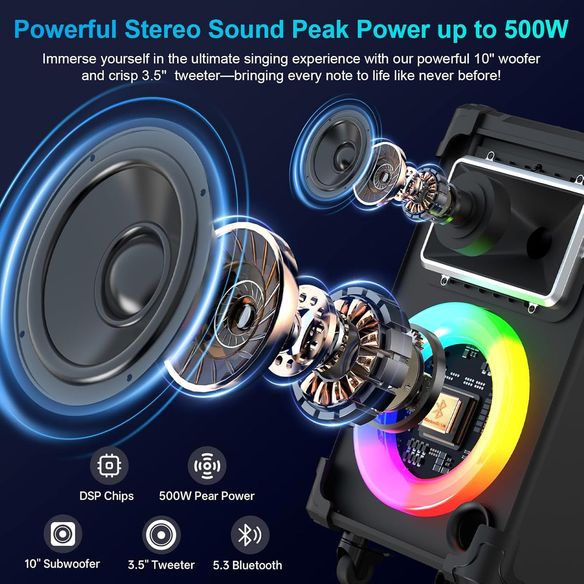 JYX Karaoke Machine with 2 Wireless Mics, 10" Woofer 500W Peak Power Big Portable Bluetooth Speaker