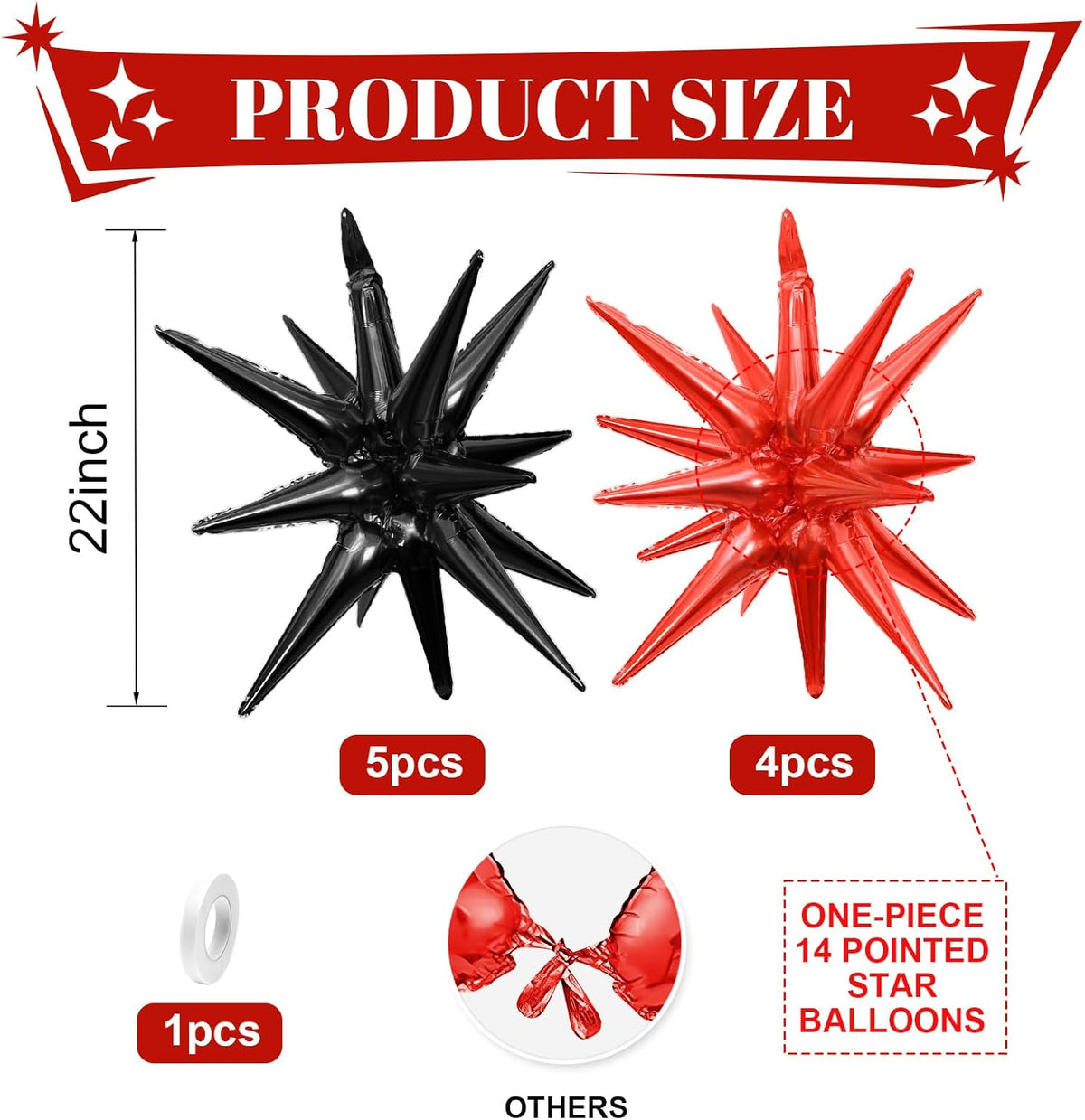 Black Red Star Balloons,9Pcs 22Inch Black Red Explosion Spike Cone Helium Polyester Film Star Foil