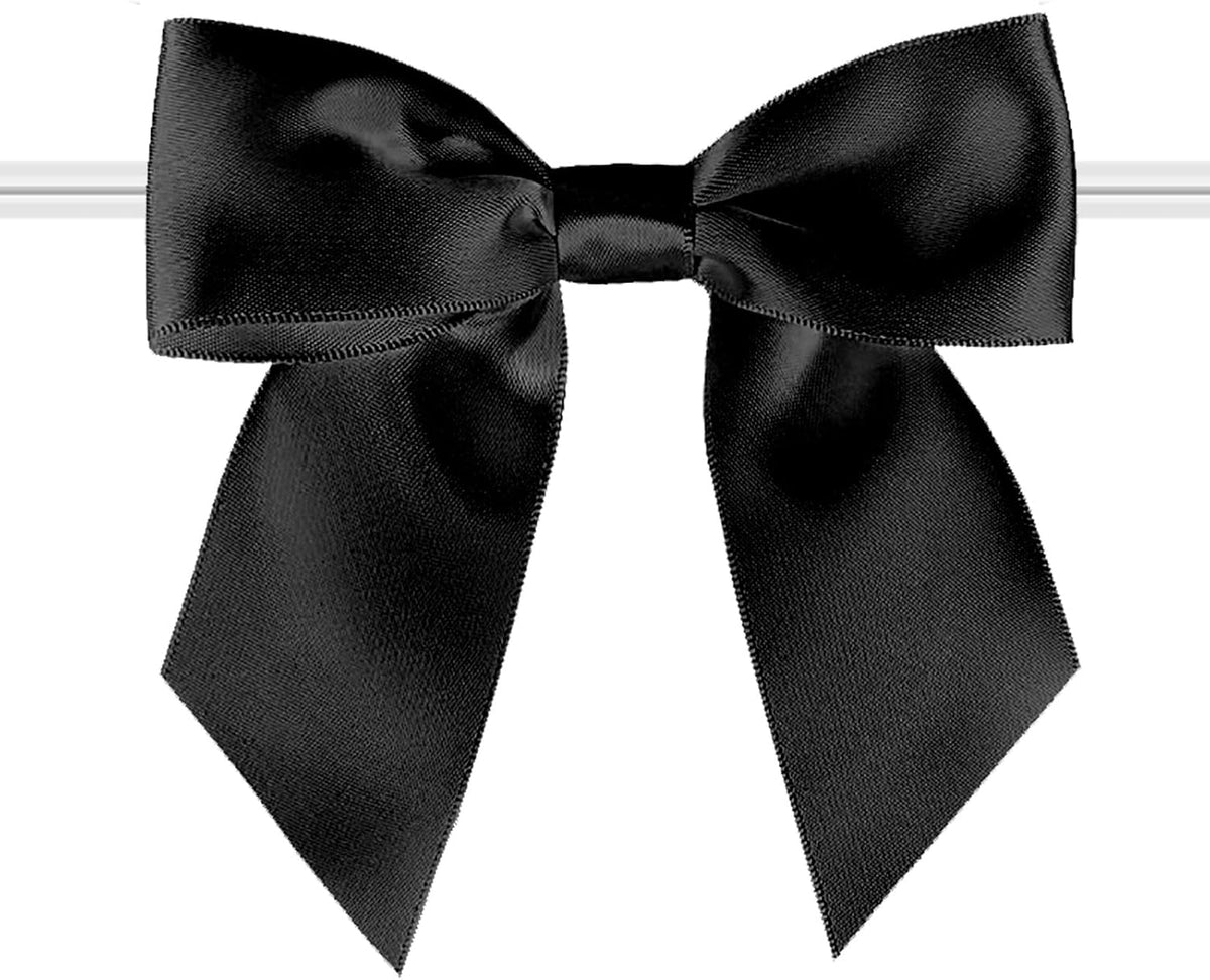 114 Pack Twist Tie Bows for Treat Bags 3" Black Satin Ribbon Bows for Package Craft, Gift Wrapping