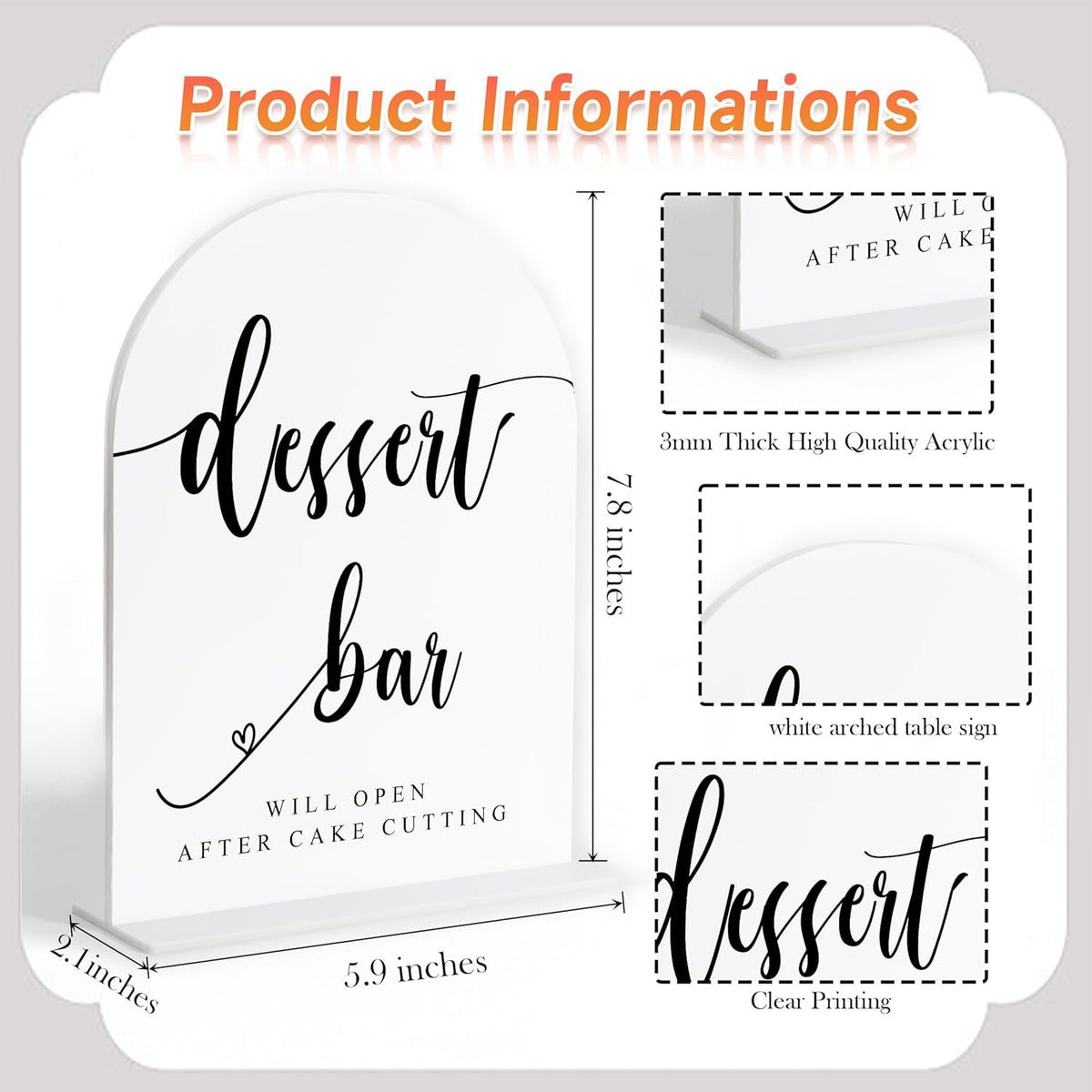 Dessert Bar Sign, White Arch Acrylic Wedding Sign, Dessert Table Decor, Wedding Reception
