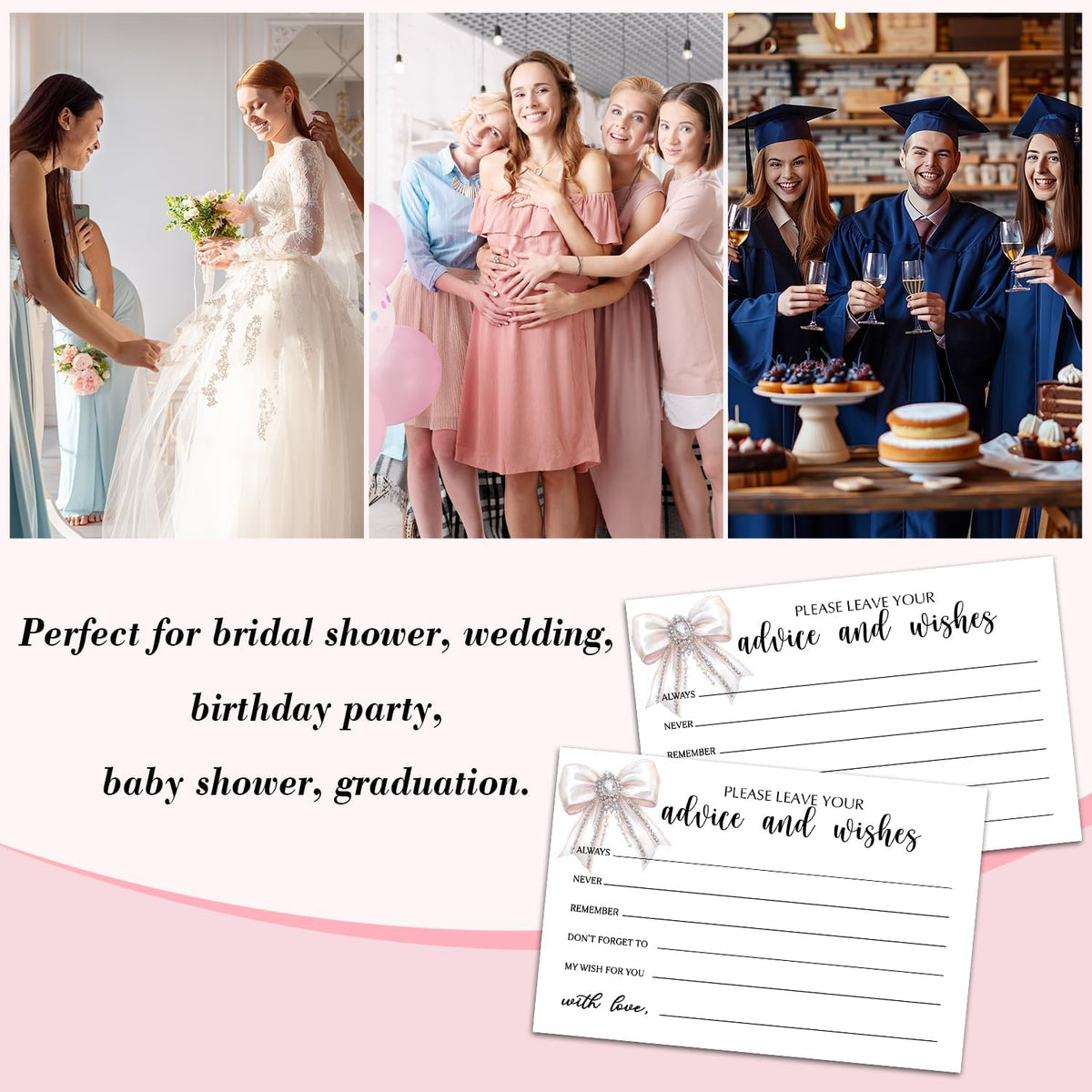 25 Advice and Wishes Cards, White Bow Fill-In Advice Cards for Bridal Shower Wedding Birthday Party