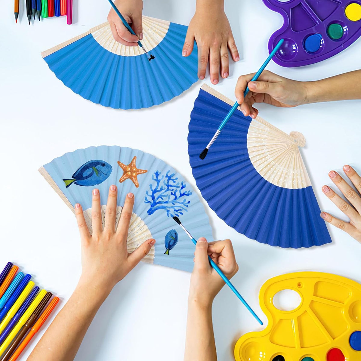 JOHOUSE 12Pcs Blue Paper Folding Hand Fans, 8.3 Inch Handheld Portable Decorative Fans for Wedding