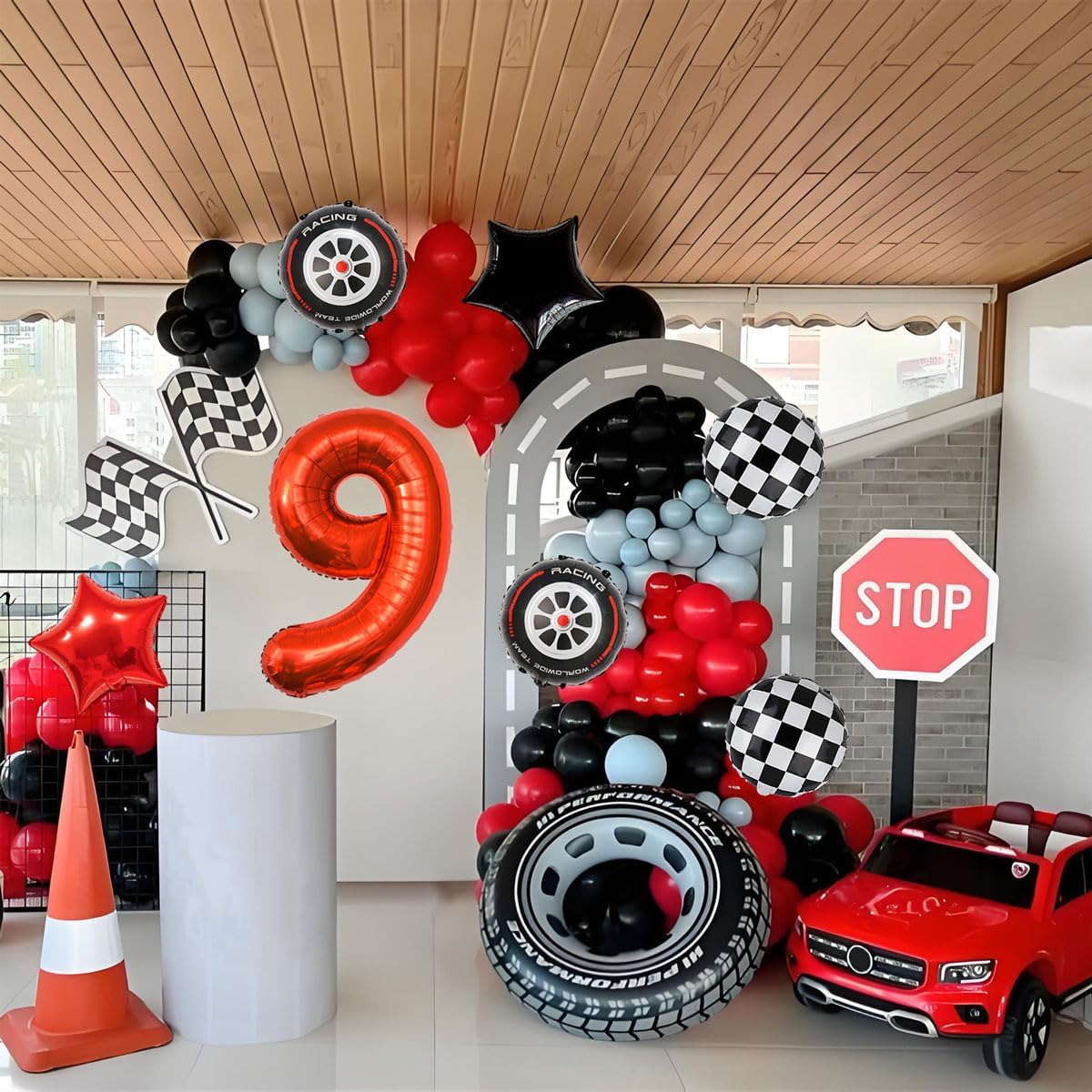 Race Car Birthday Party Decorations - 40 Inch Mylar Red Number 9 Balloons - Black Foil Checkered
