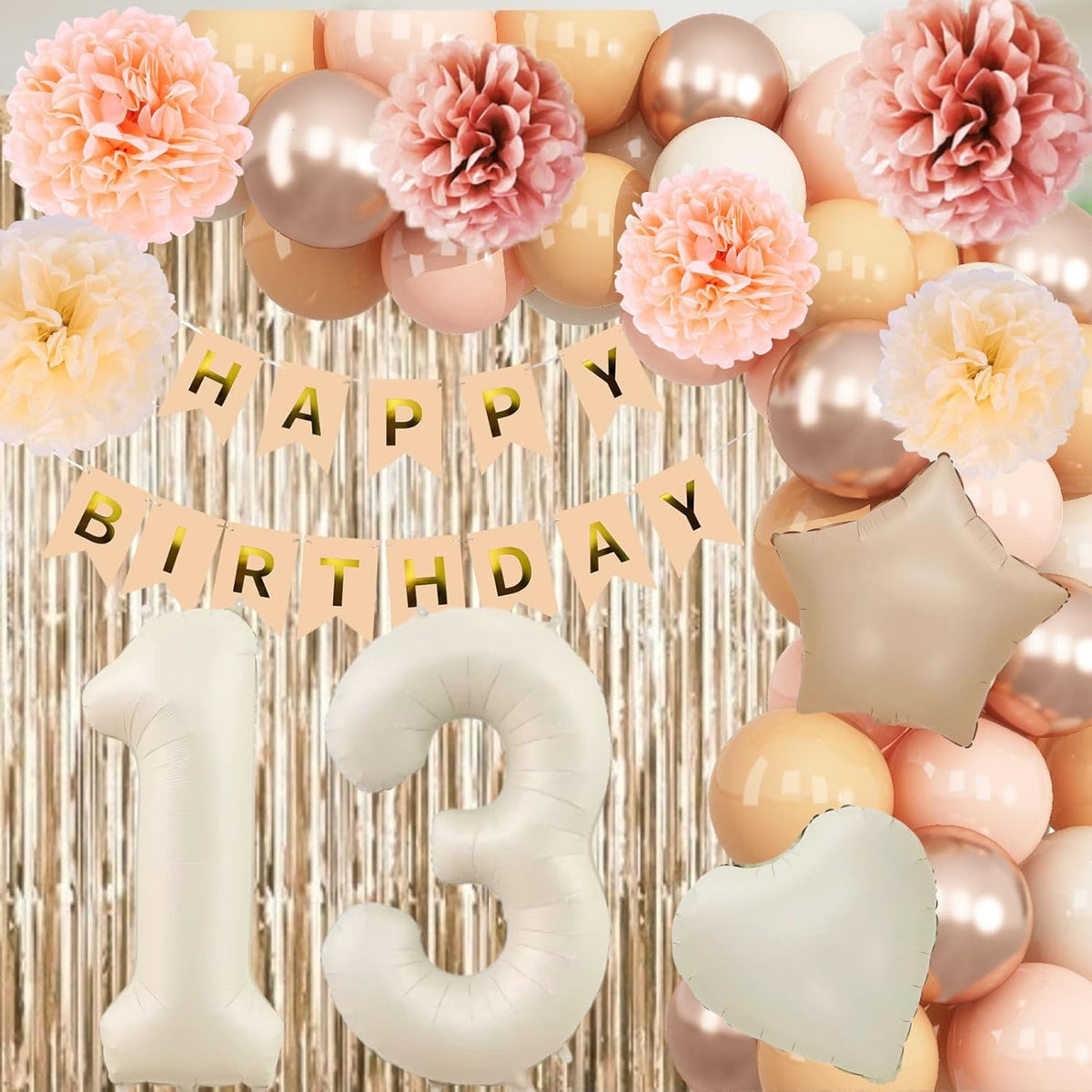 Beige 13th Birthday Decorations Girls Boys Cream Number 13 Balloon Nude Gold Happy Birthday Banner
