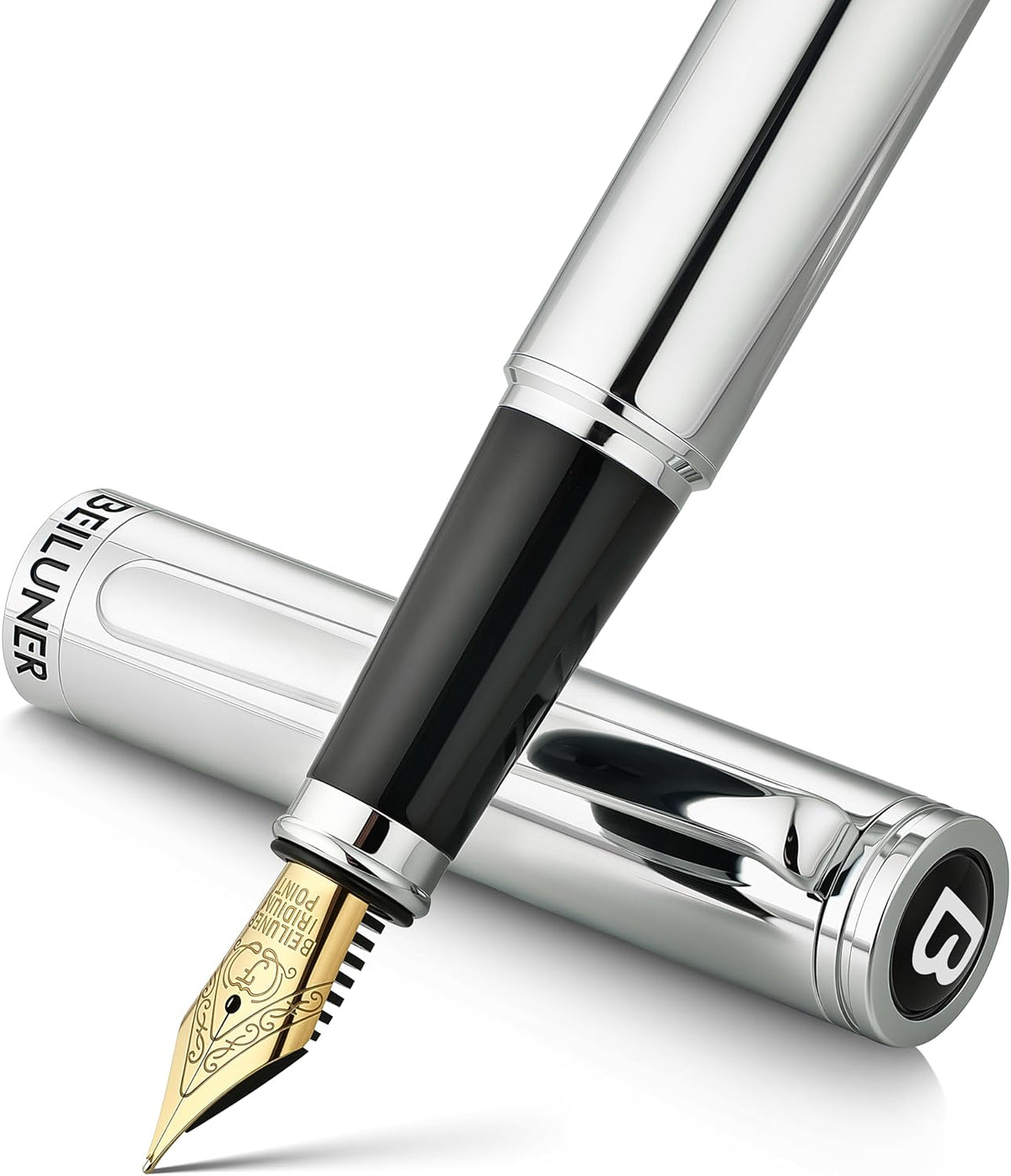 BEILUNER Silver Fountain Pen,Stunning Luxury Pens with Bright Silver Chrome, Gorgeous 24K Gilded