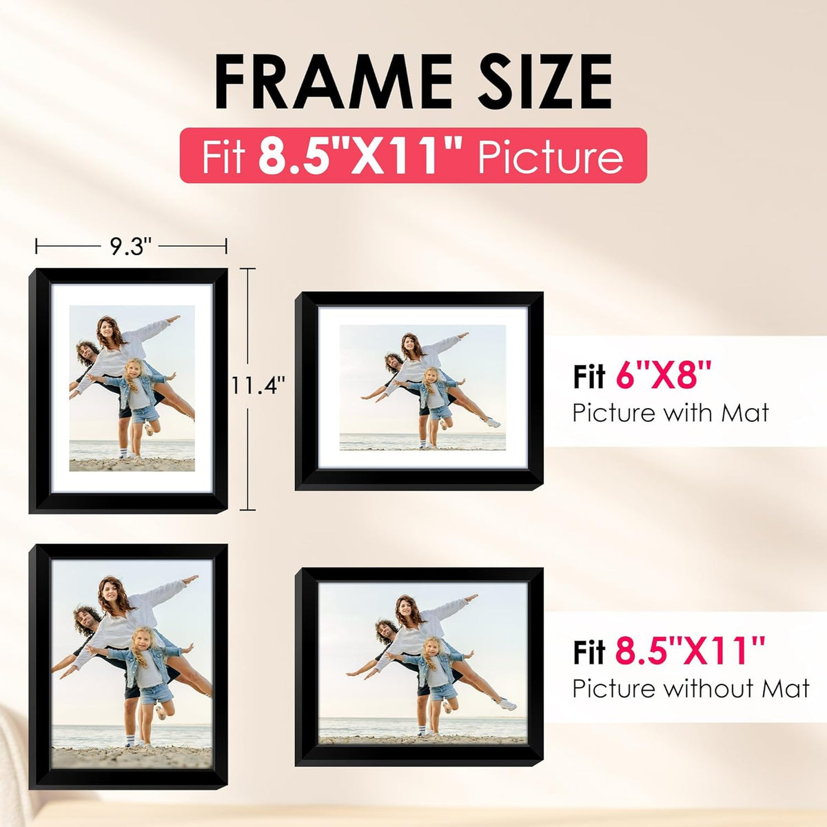 FIXSMITH 8.5x11 Picture Frame, Black Photo Frame with HD Plexiglass, Display Pictures 6x8 with Mat
