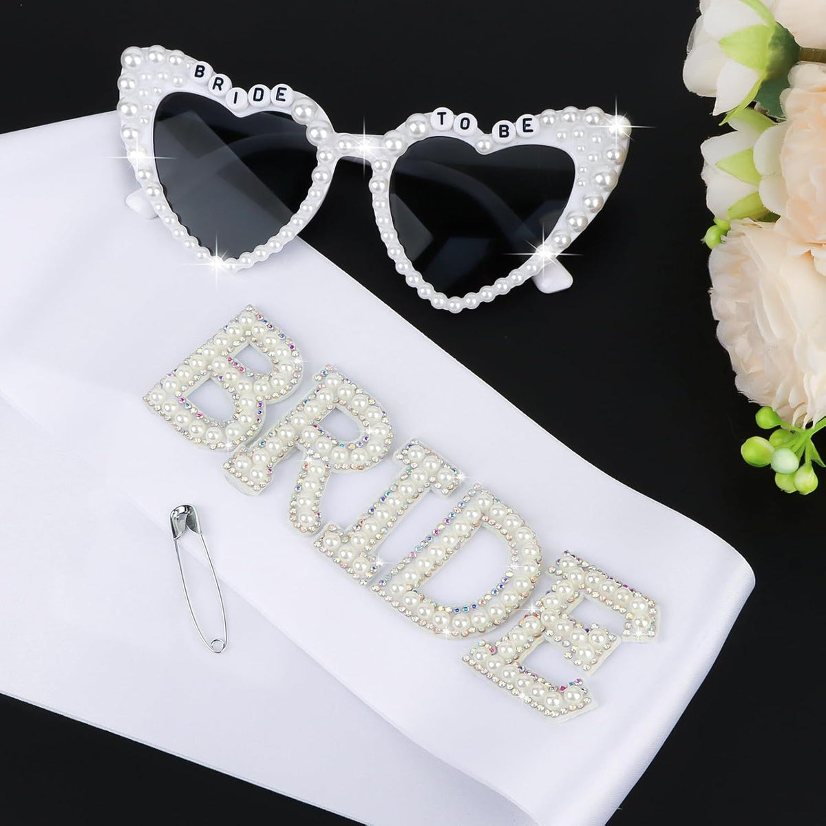 White Bride Sash & Heart Sunglasses Set Bachelorette Party Decorations Bridal Shower Engagement