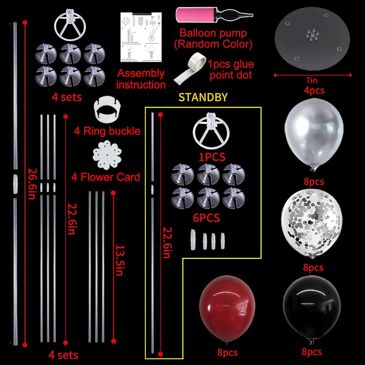 TONIFUL 4 Set Burgundy Red Black Silver Balloon Stand Centerpiece Table Decorations for Graduation