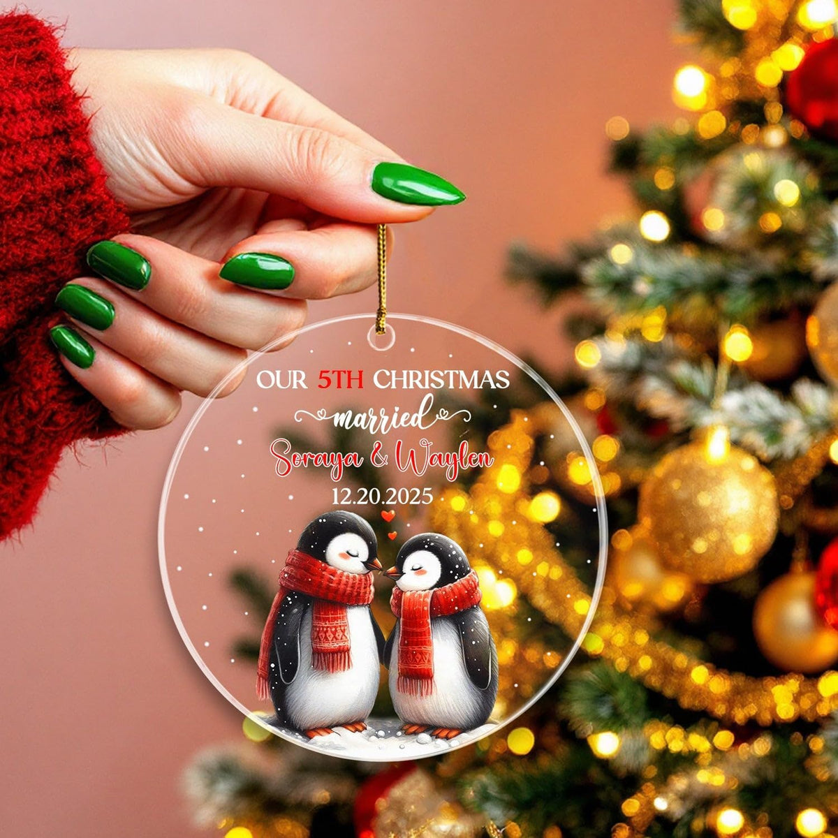 Our 5TH Christmas Married Ornament 2025, Customized Date & Name Mr & Mrs Penguin Xmas Ornament Gift