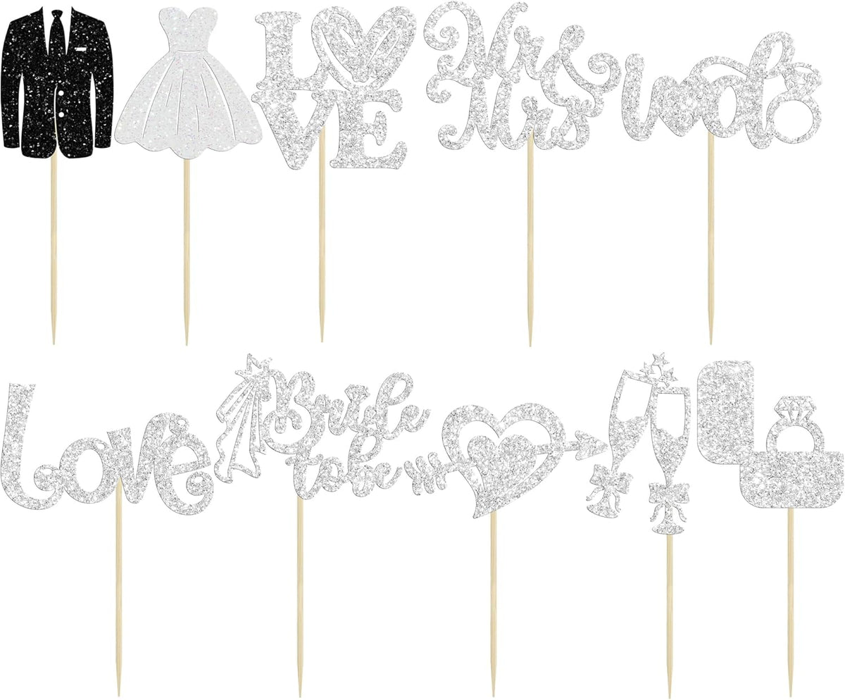 Ephlyn 30Pcs Bride to be Cupcake Toppers Glitter Diamond Ring Love I Do Cupcake Picks for Miss to