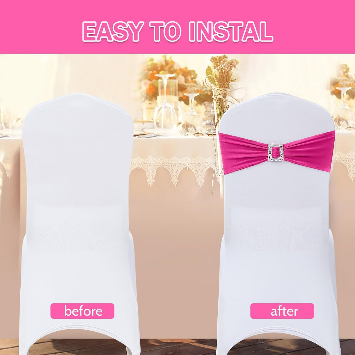 Joccun 120 PCS Spandex Chair Sashes Bows Stretch Chair Cover Band with Buckle Slider Universal