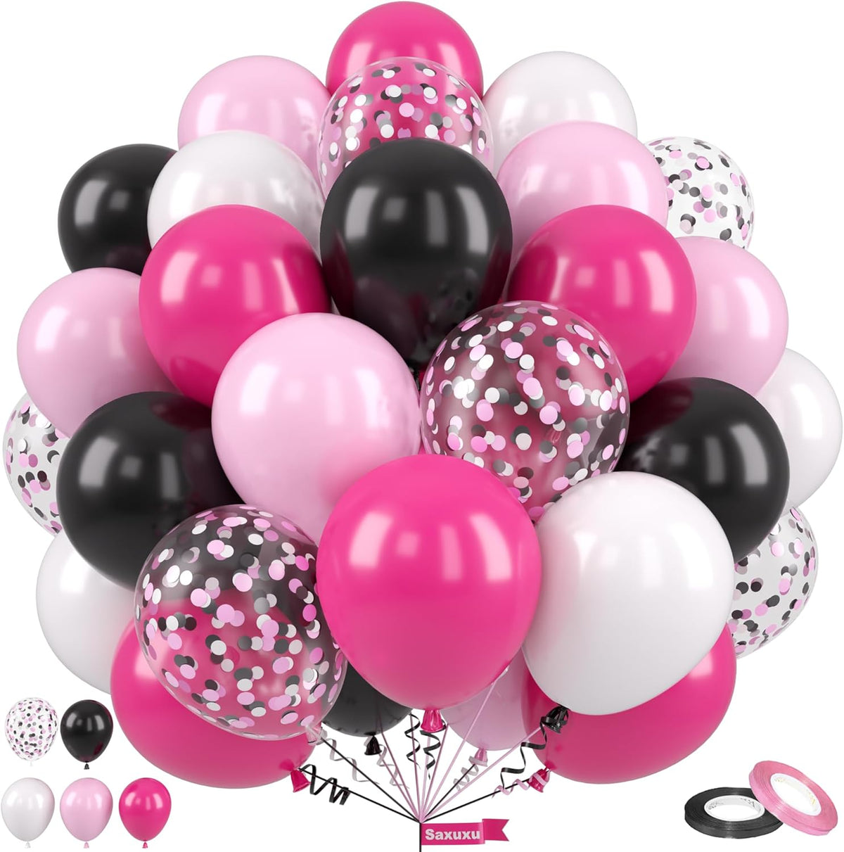 Pink and Black Balloons, 12 Inch Pink Black Balloons, Hot Pink White Pastel Confetti Latex Balloon