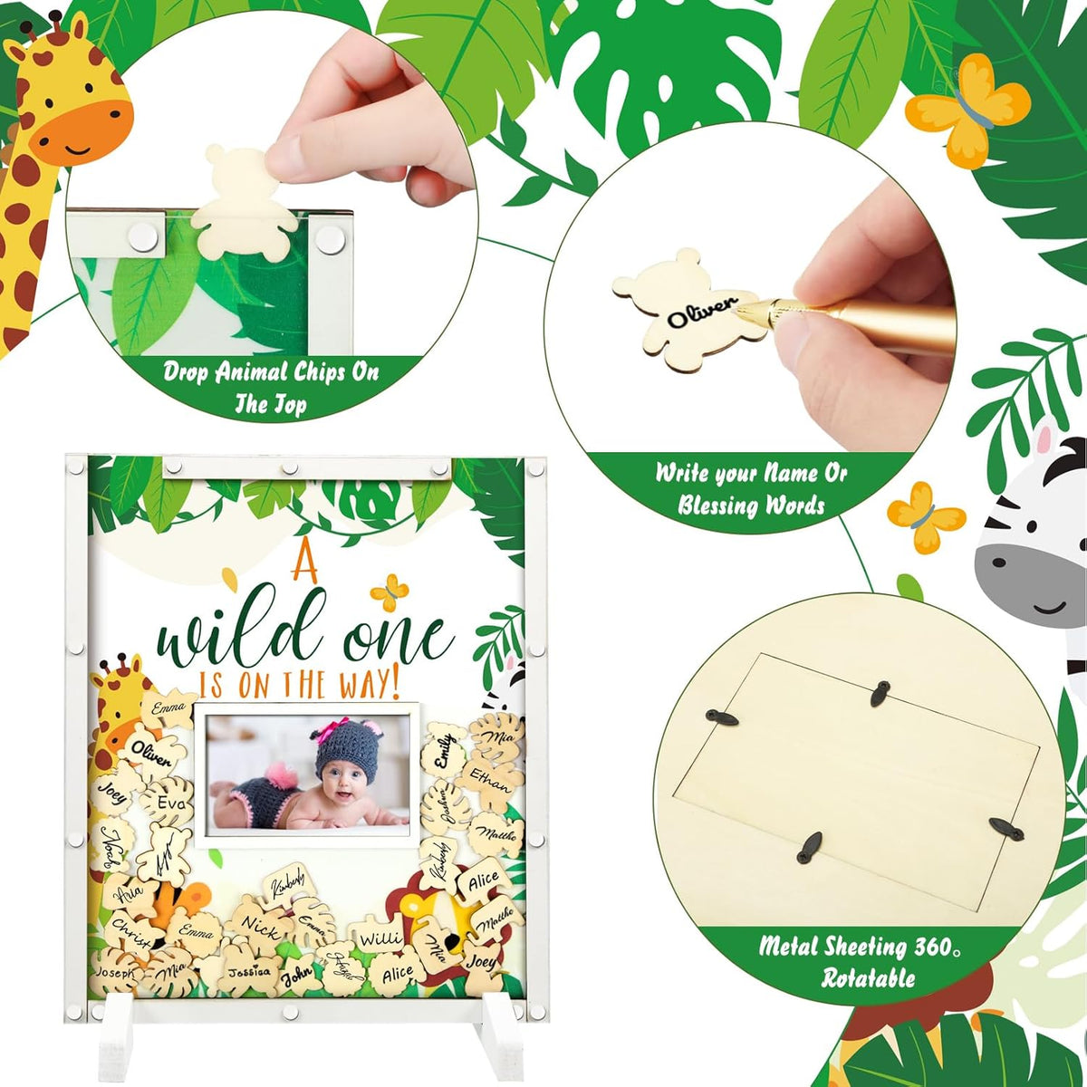 65 Pcs Safari Animal Baby Shower Guest Book Alternatives He or She Gender Reveal Baby Shower