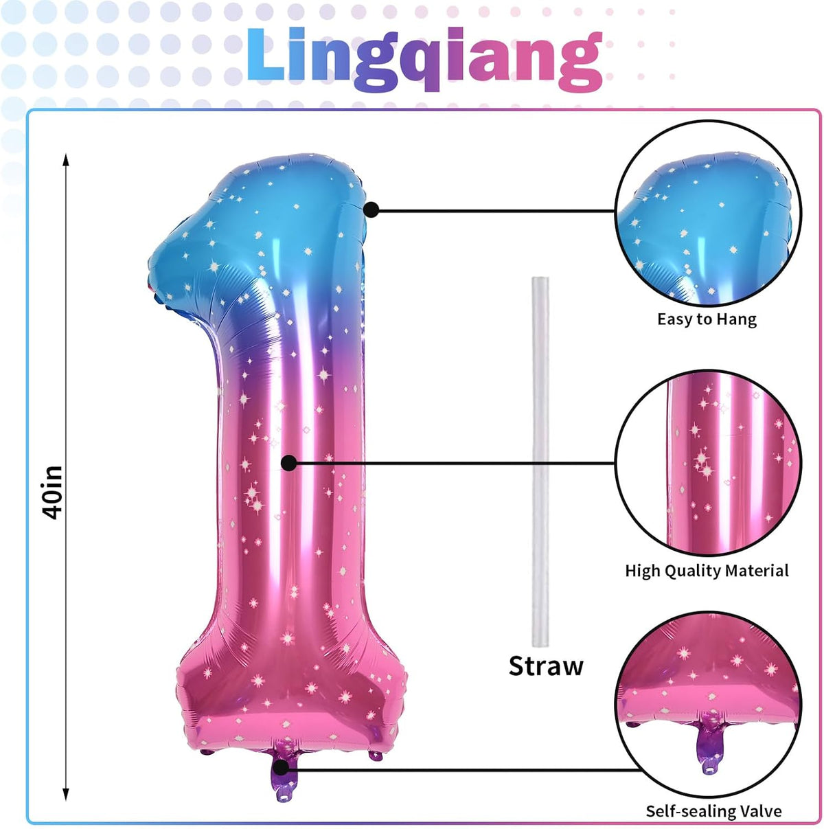 40 Inch Gradient Rainbow Number 1 Balloon for 1st Birthday Decoration, Large Self Inflating Blue