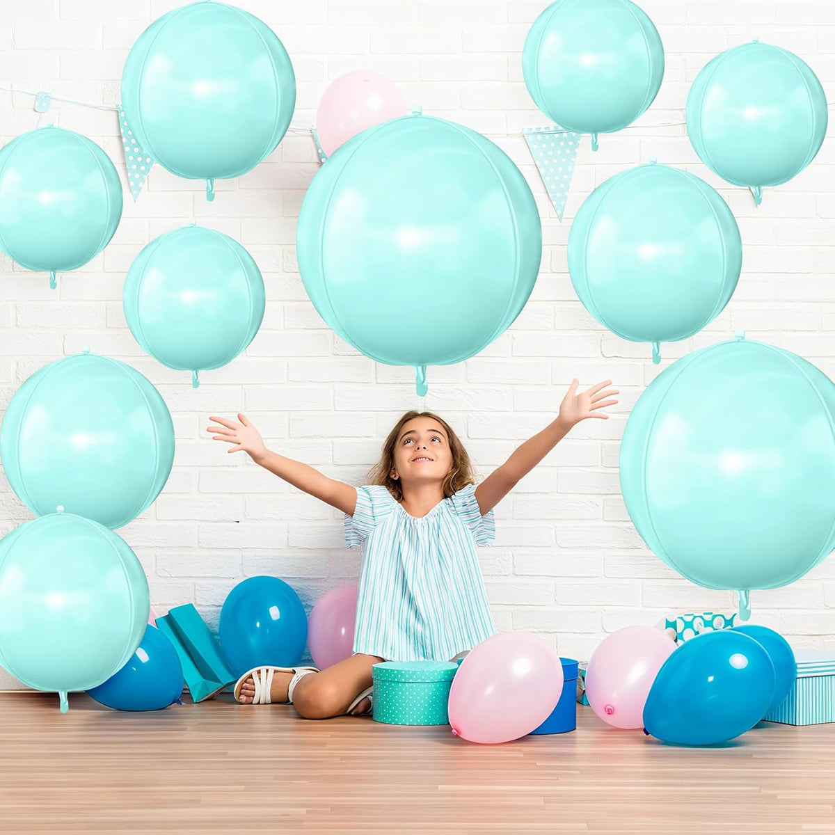12Pcs Baby Blue Round Foil Balloons, 22" 15" 10" 4D Helium Ball Balloon, Metallic Pastel Teal Blue