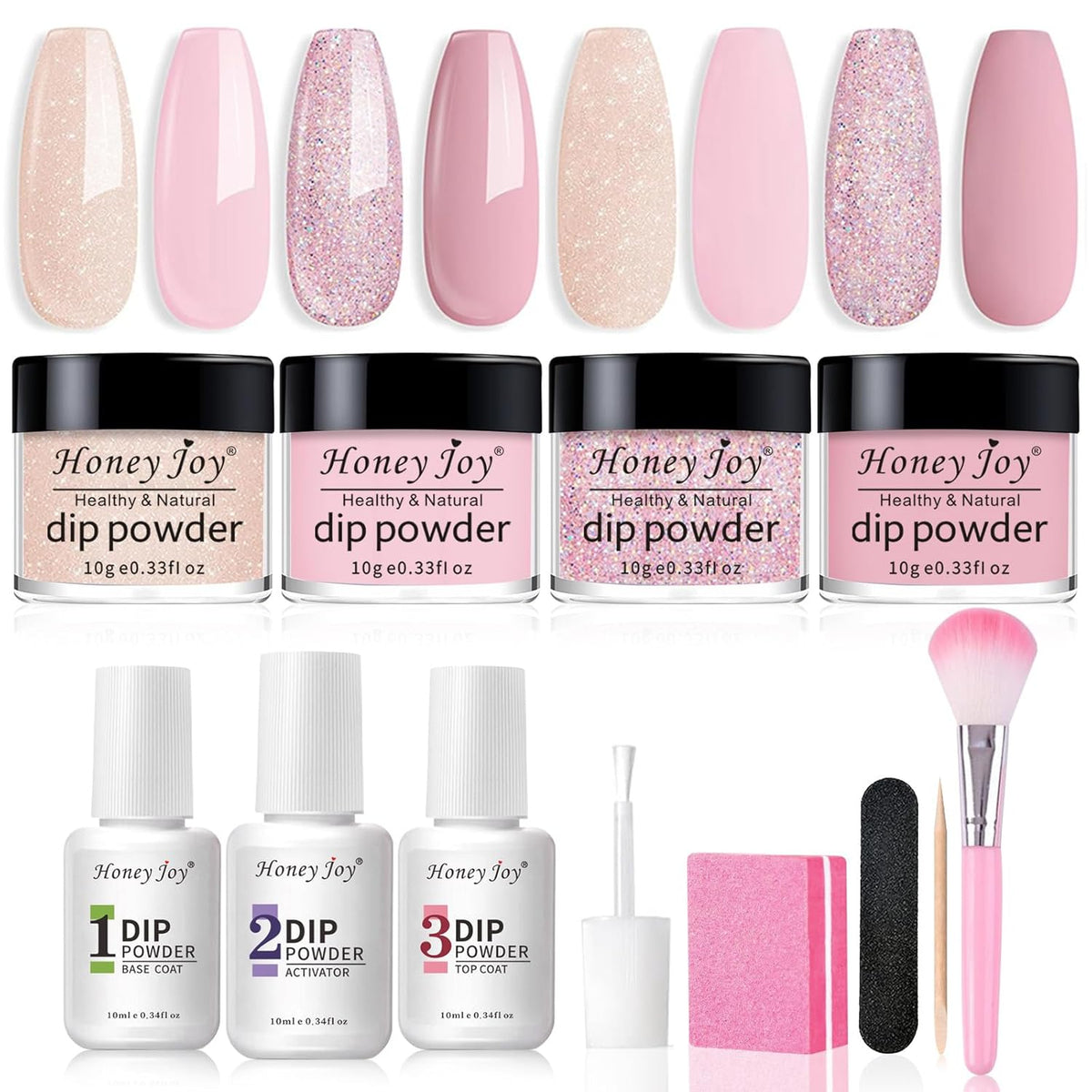Honey Joy Dip Powder Nail Kit Starter, 4 Colors Pink Glitter Fine Dipping Powder Nude Color Kit