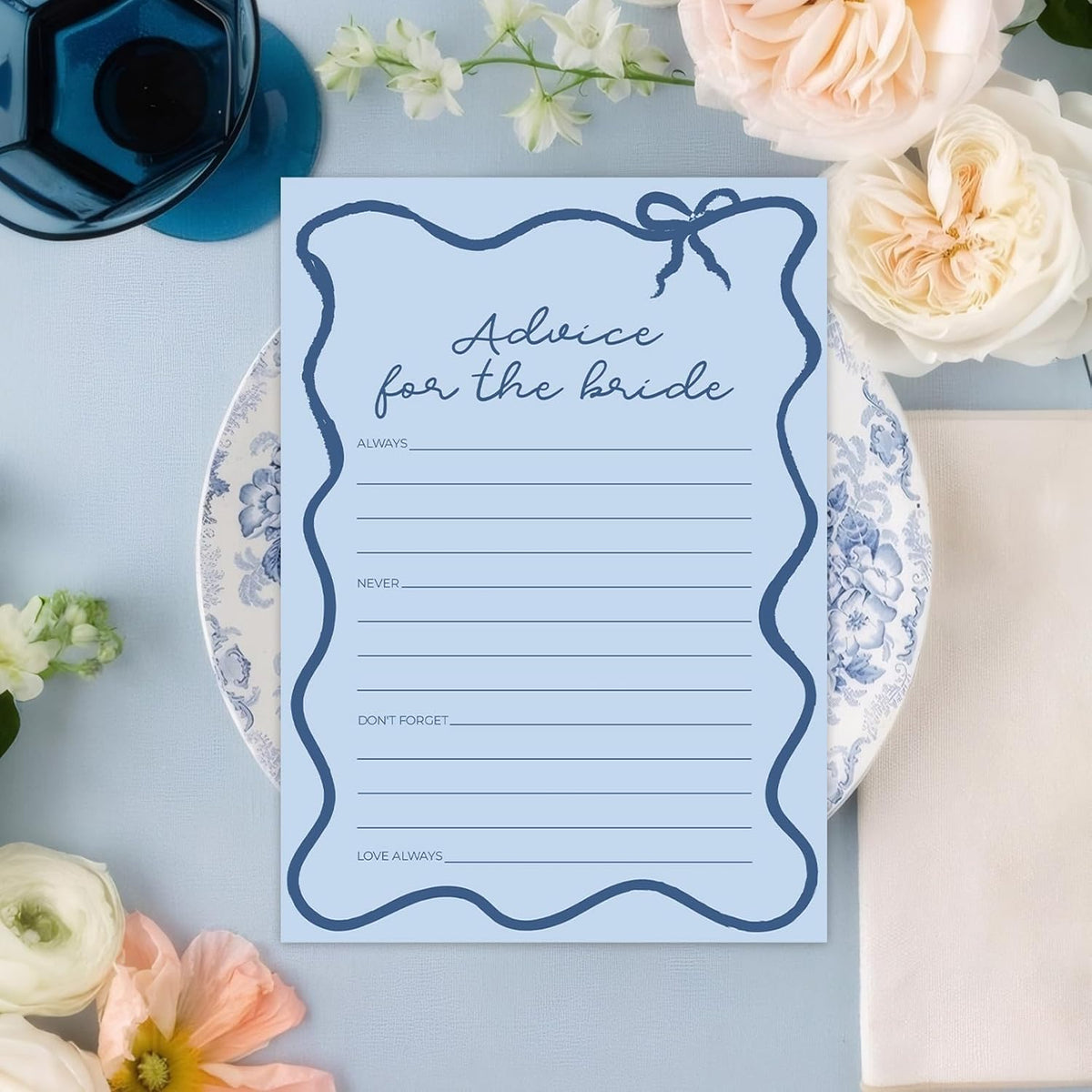 DEEKA 30 PCS Bridal Shower Games Card for 30 Guests Blue Wavy Border Ribbon Bow Funny Wedding