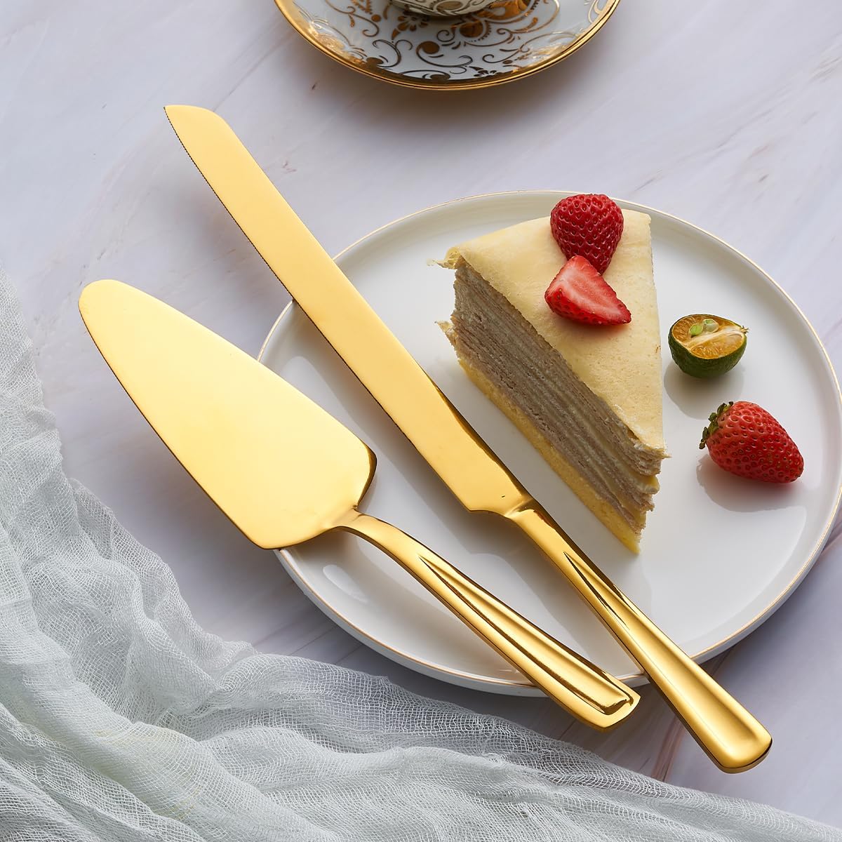 GoGeiLi Gold Cake Knife and Server Set, 13-inch Stainless Steel Cake Cutting Set, Elegant Cake