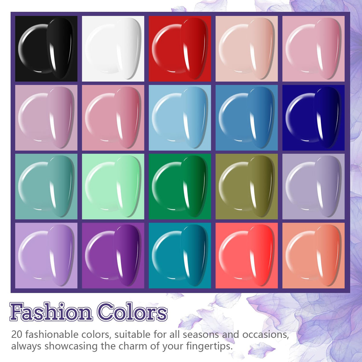 JODSONE 20 Colors Gel Nail Polish Kit with U V Light Base Top Matte Coat High Shine Vibrant Nail