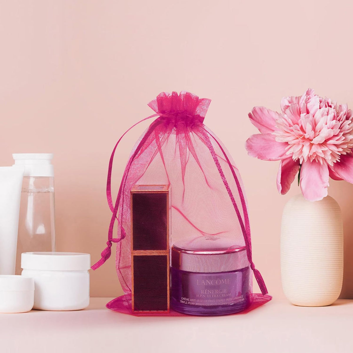 50 Pcs Hot Pink Organza Bags, 4x6 Inch Small Mesh Bags Drawstring Jewelry Pouch Bag Gift Bag Bulk