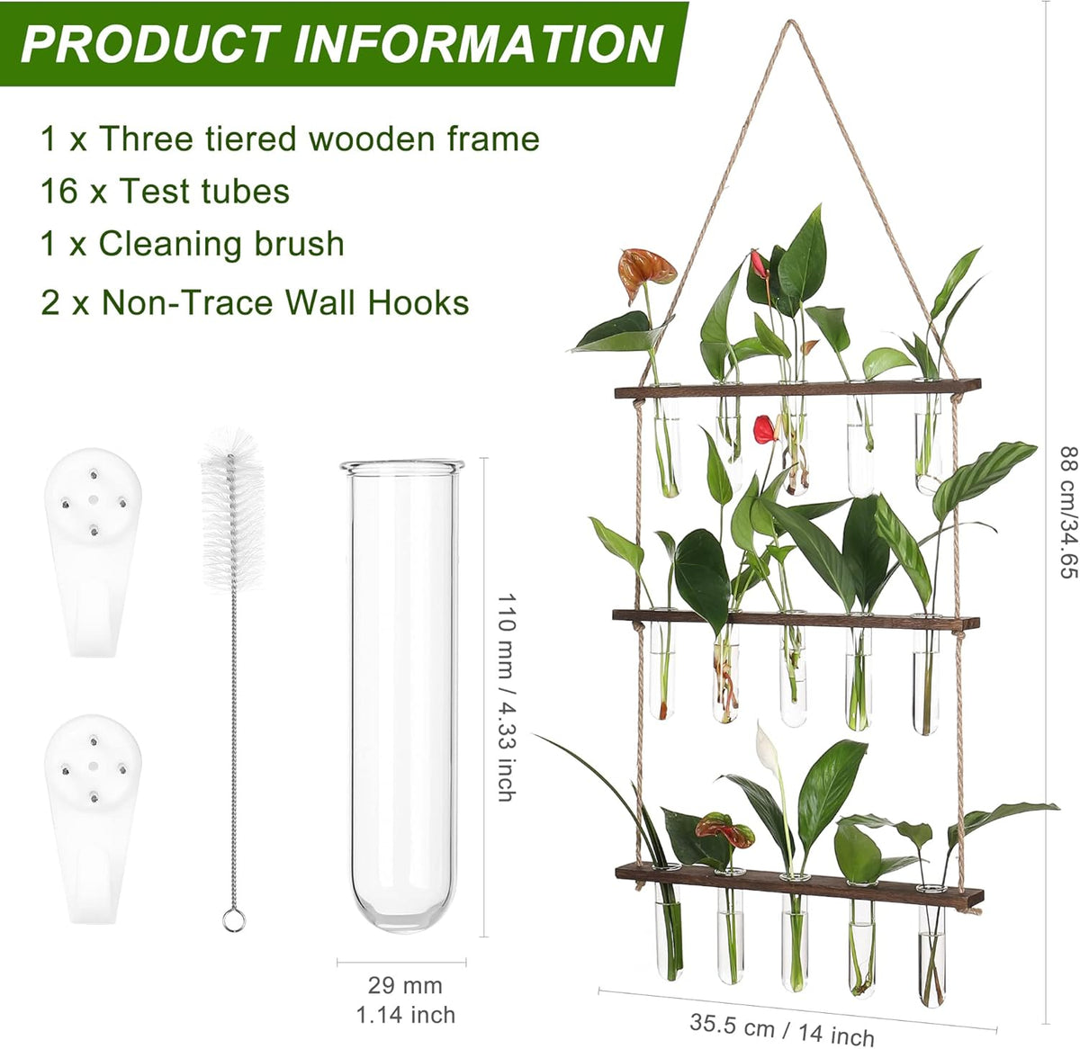 YIBOT Propagation Stations,3 Tiered Wall Hanging Terrarium with Wooden Stand,Mini Glass Test Tubes