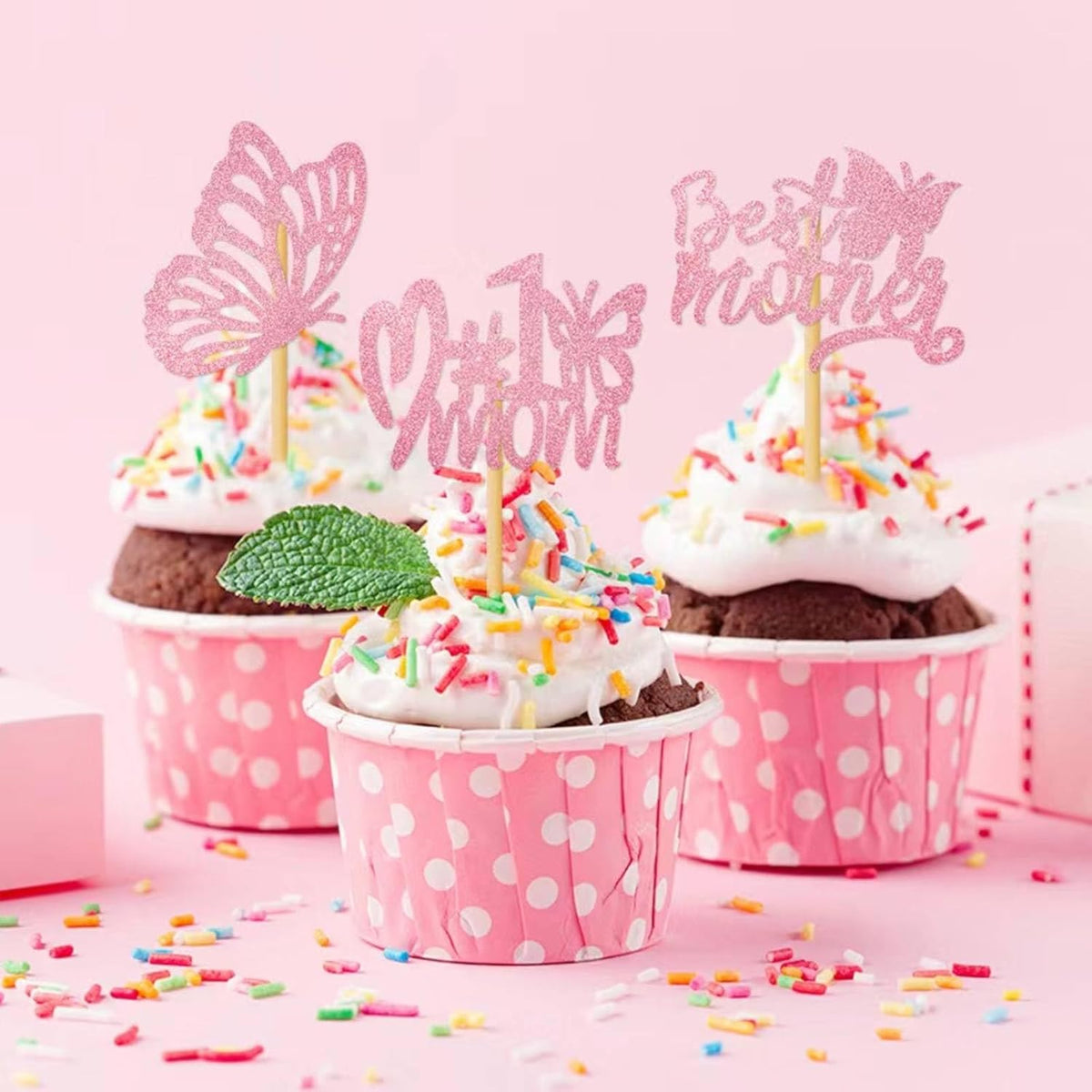 12Pcs Birthday Cupcake Toppers,Pink Glitter Cake Toppers Butterfly Cupcake Picks for Coquette Theme