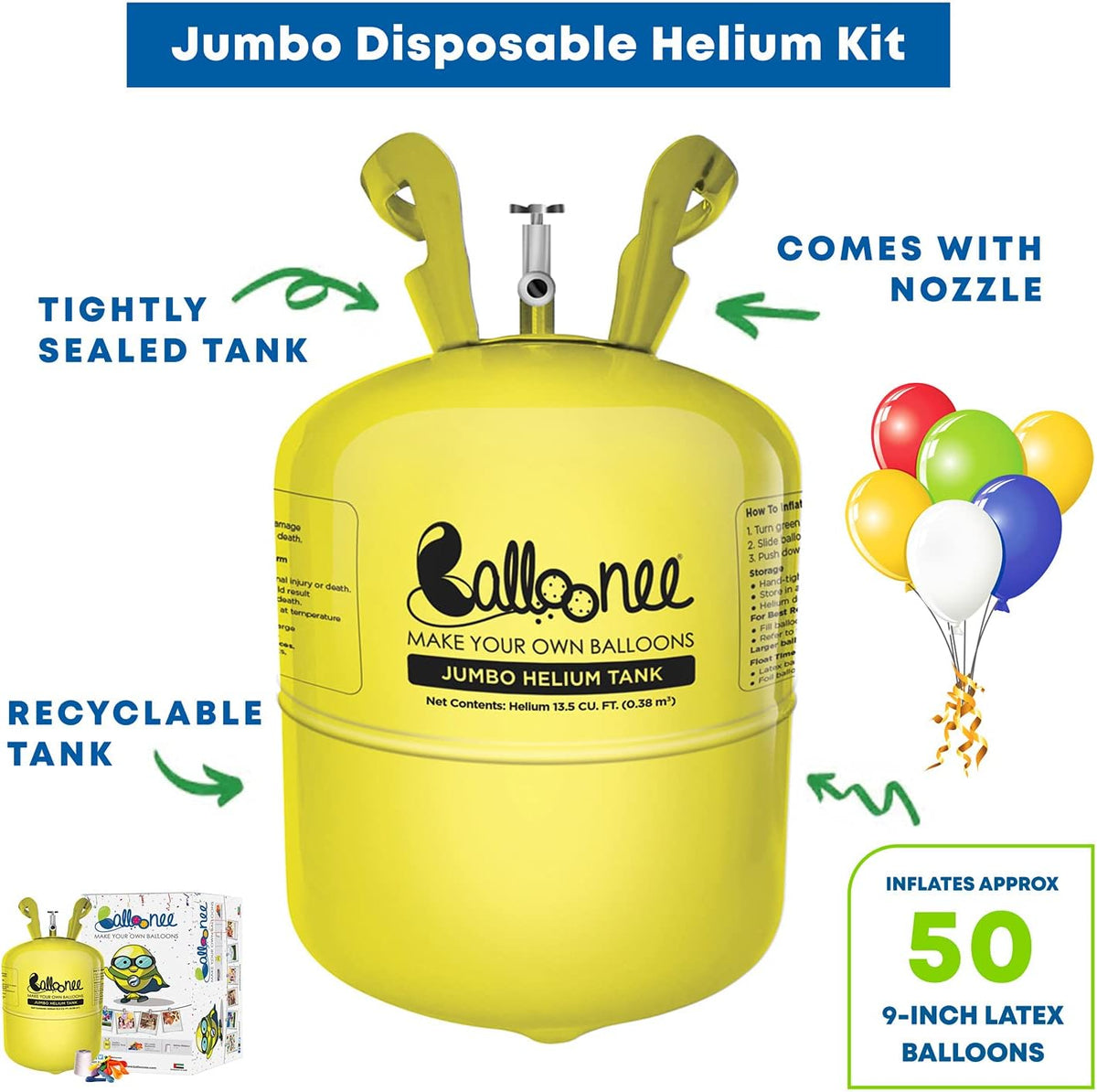 Jumbo Disposable Helium Party Kit - Pack of 2, Helium Tank for Balloons At Home, 13.5 Cu Ft Helium