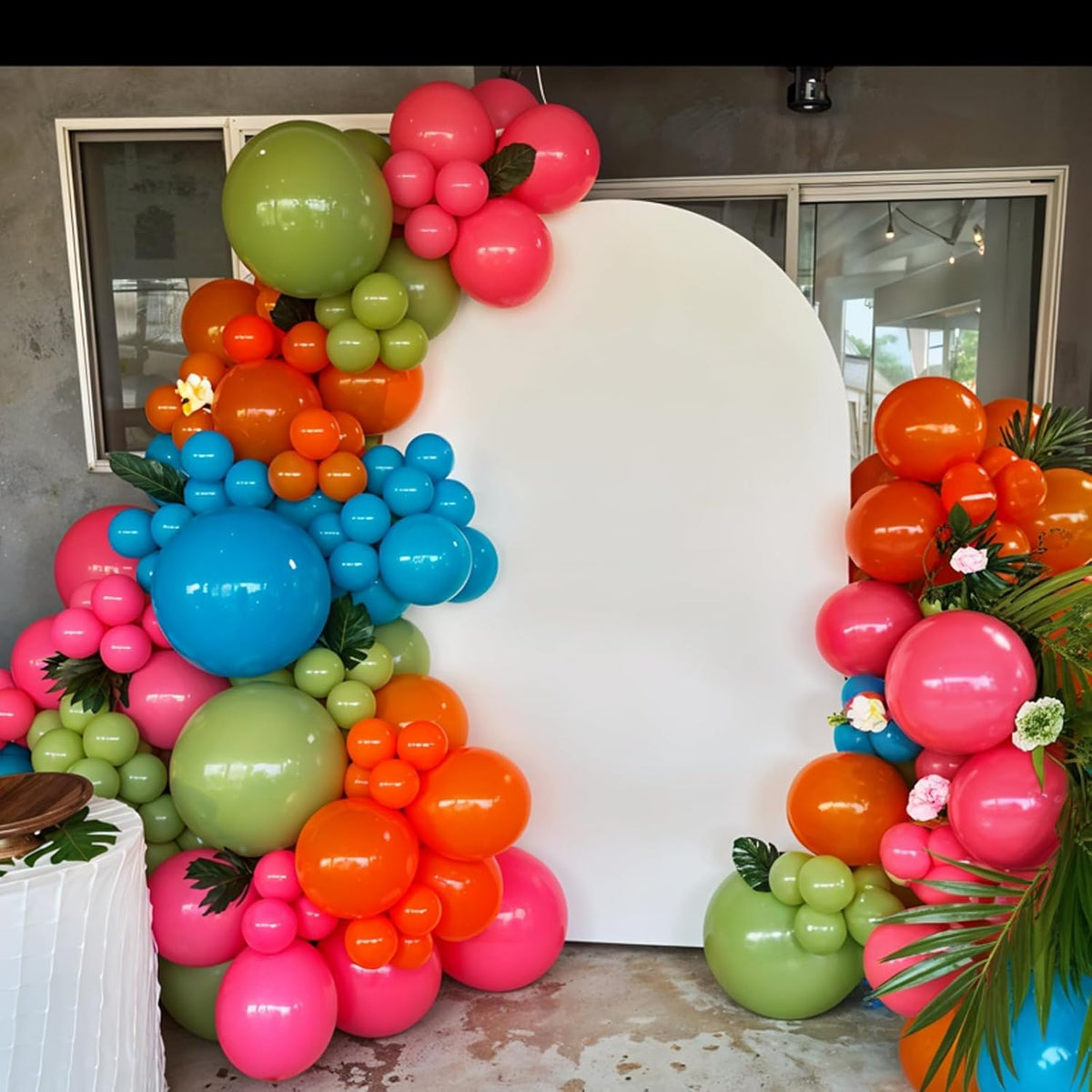 Tropical Balloons, 12 Inch Teal Metallic Gold Orange Pink Hot Fruit Green Balloons with Palm Leaves