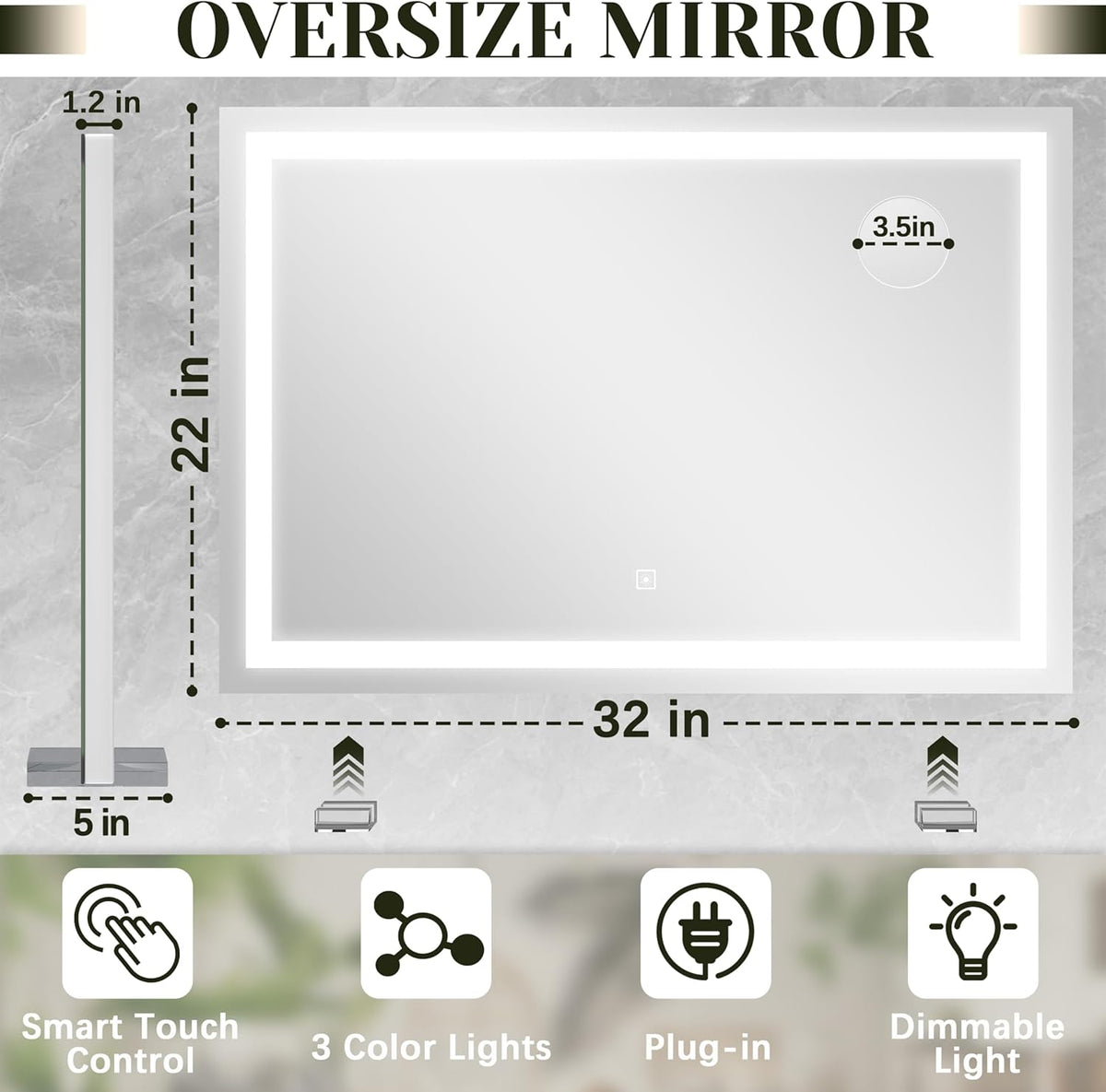 32x 22 Inch Large Lighted Vanity Mirror with Dimmable 3 Modes, LED Makeup Mirror for Bathroom ＆